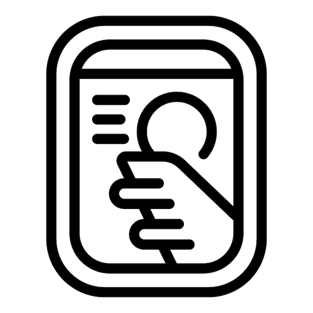 Icono de línea negra y blanca de una mano sosteniendo un teléfono inteligente que simboliza la comunicación móvil
