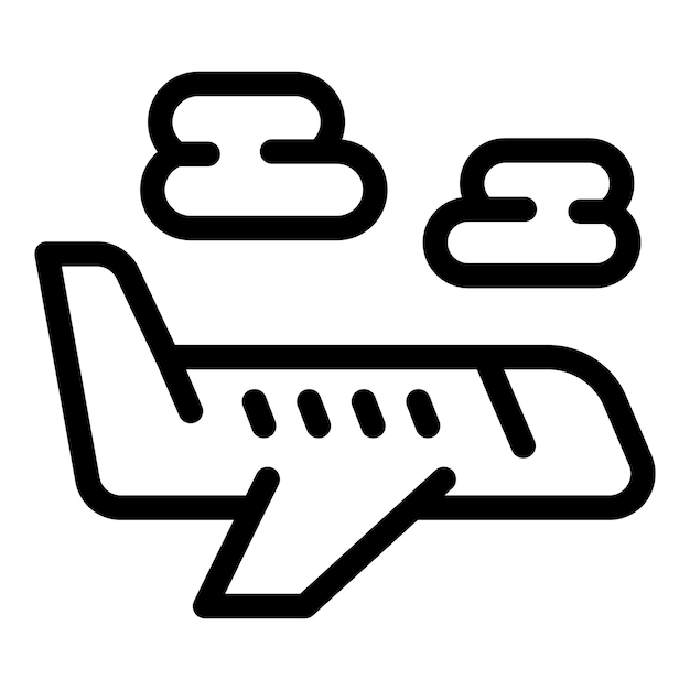 Icono de línea negra simple de un avión con nubes aisladas en un fondo blanco