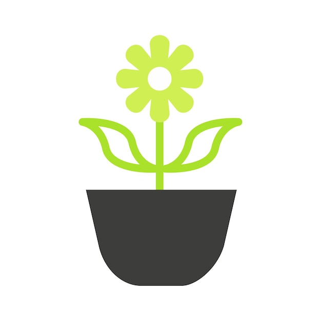 Icono de línea negra y verde de flor en maceta con planta de hoja en maceta