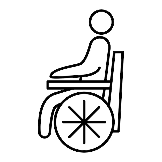 Icono de línea de paciente discapacitado. Símbolo de la persona en silla de ruedas. Hombre discapacitado describe el icono de vector. Puede utilizarse como señal de aseo o señal de transporte. Símbolo, ilustración de logotipo. Vector
