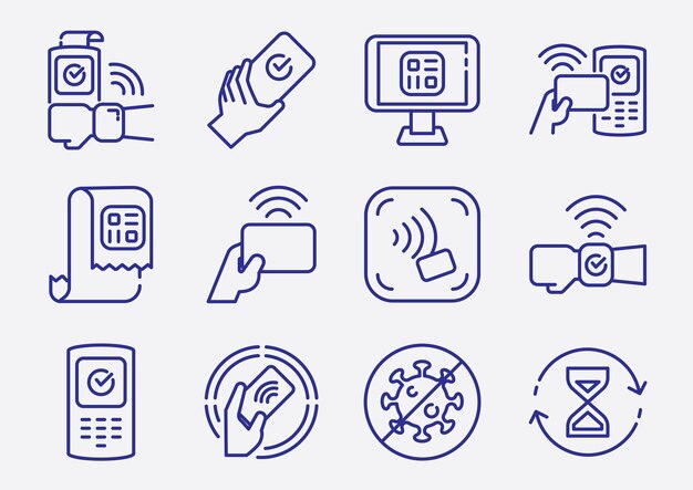 icono de línea de pago sin contacto con tarjeta de mano y dispositivos para pagar con facilidad