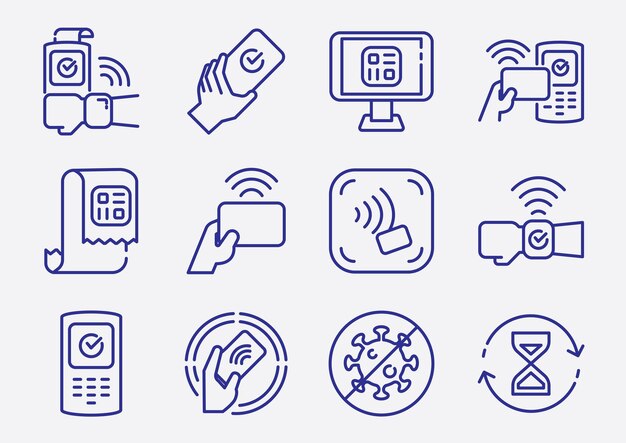 Vector icono de línea de pago sin contacto con tarjeta de mano y dispositivos para pagar con facilidad