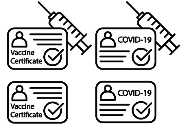 Icono de línea de pasaporte de vacunas certificado de vacunación con marca de verificación ilustración vectorial