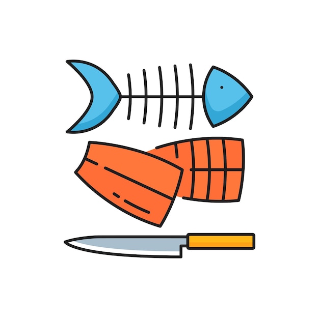 Icono de línea de procesamiento de filete de pescado de la industria pesquera