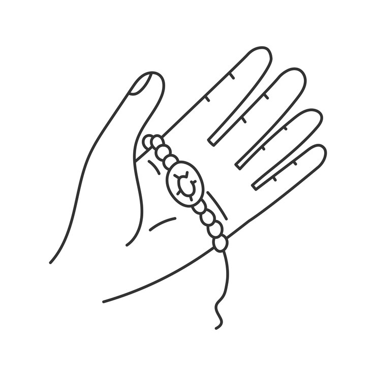 Vector icono de línea de pulsera de cuentas en la mano gesto del dedo palma abierta que muestra encanto hecho a mano joyas