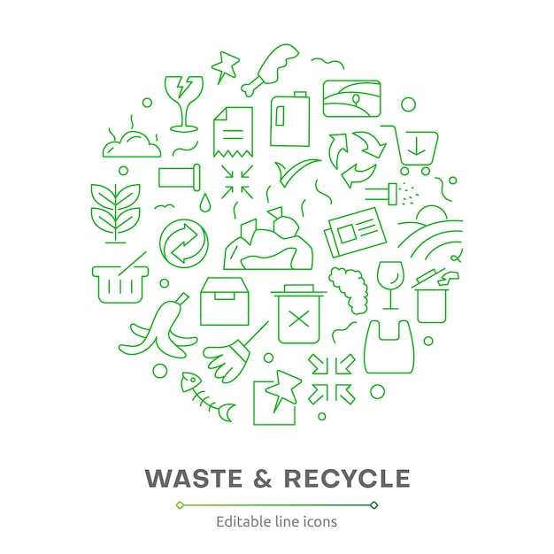El icono de la línea de residuos y reciclaje La clasificación de residuos de separación de basura con el icono de reciclaje adicional