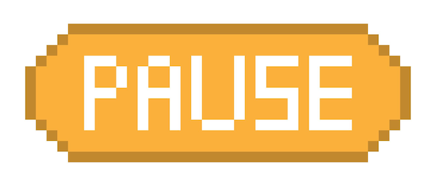 Icono de línea de señal de pausa naranja Detener el juego botón de control de señal de inscripción anuncio estilo de píxel Icono multicolor en fondo blanco