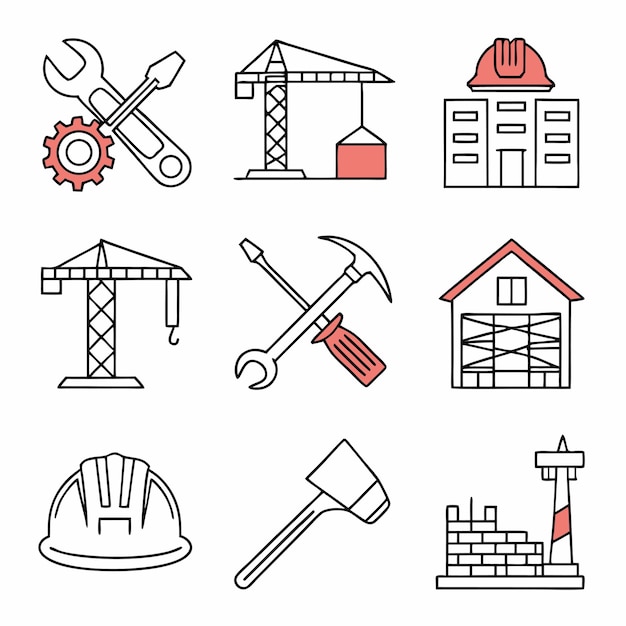 Ícono de línea sobre la construcción Contiene iconos como arquitectura trabajadores materiales equipos