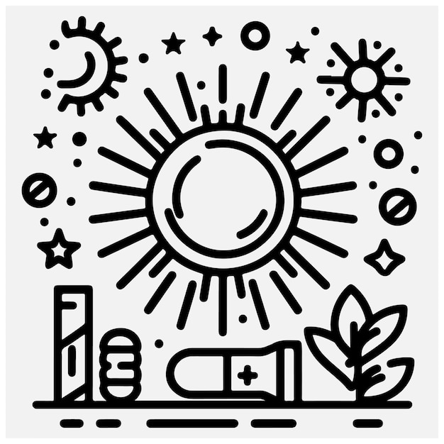 El icono de la línea del sol, el concepto de estilo de vida saludable, la vida sin drogas, el letrero en fondo blanco, el icono del estado de ánimo soleado.