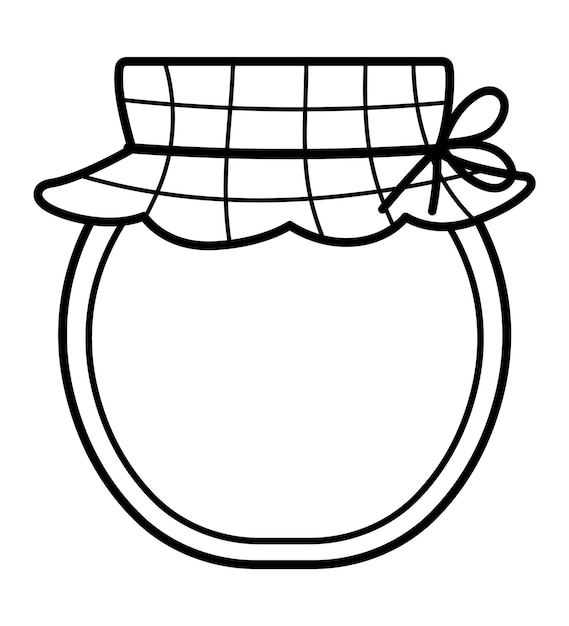 Icono de línea de tarro de miel en blanco y negro vectorial aislado en fondo blanco linda olla de vidrio rural atada con tela a cuadros azul ilustración de granja de apicultura de contorno o página para colorearxa