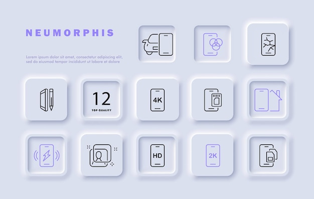 Icono de línea de teléfono inteligente HD 2k calidad tarjeta sim lápiz de contacto de gadget de automóvil cargador estilo neomorfismo icono de línea vectorial para negocios y publicidad