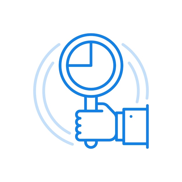 Icono de línea de vector de análisis de gráfico circular mano sostiene lupa con diagrama en el centro