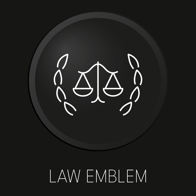 Icono de línea de vector mínimo de emblema de ley en botón 3D aislado sobre fondo negro Vector Premium