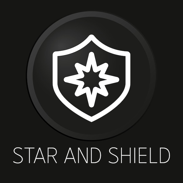 Icono de línea de vector mínimo de estrella y escudo en botón 3D aislado sobre fondo negro Vector Premium
