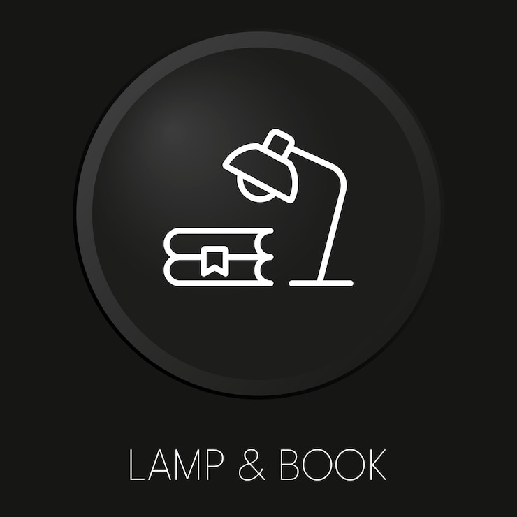 Vector icono de línea de vector mínimo de libro de amplificador de lámpara en botón 3d aislado sobre fondo negro vector premium