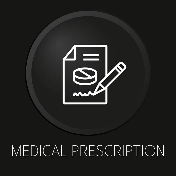 Vector icono de línea de vector mínimo de prescripción médica en botón 3d aislado sobre fondo negro vector premium