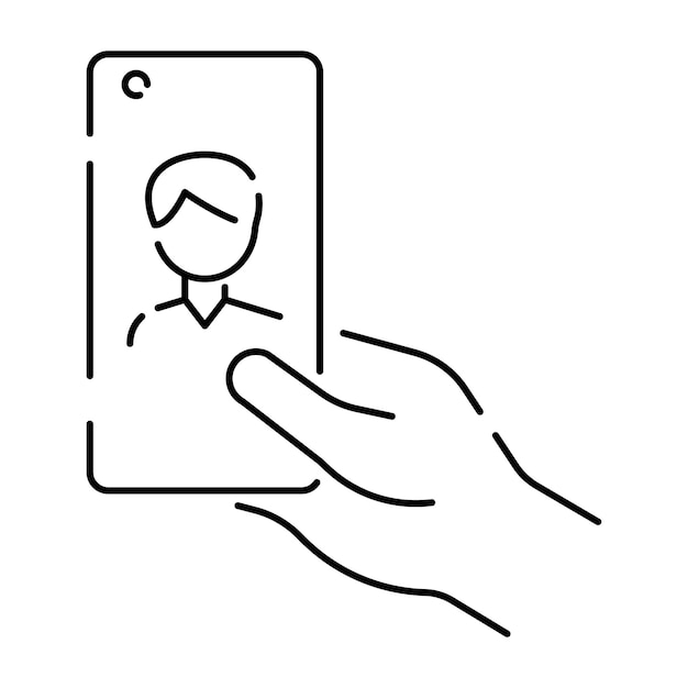 Icono de línea de vector Selfie Tome una cámara frontal de teléfono celular de foto selfie y selfie stick