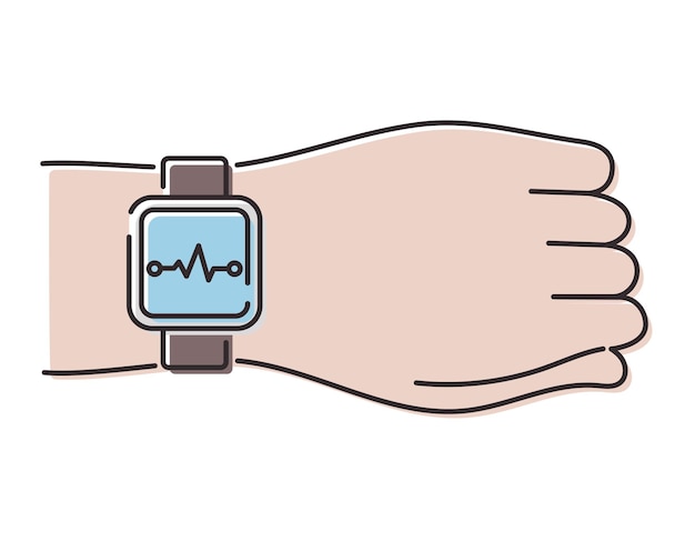 Icono de línea vectorial mano de hombre con un reloj inteligente pulsera de fitness que mide el pulso o la presión