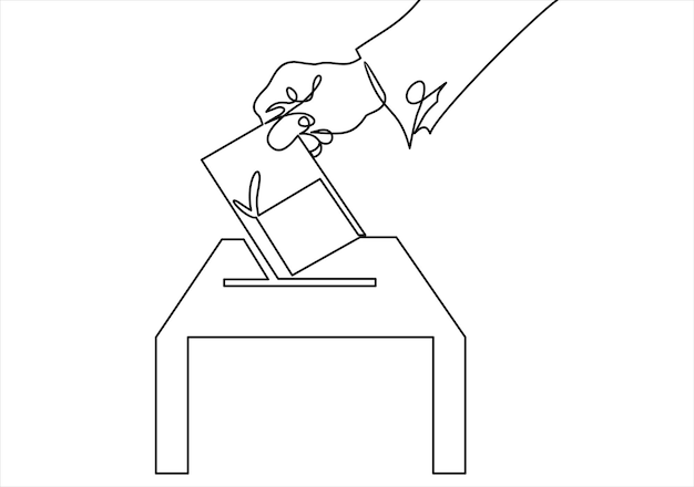 Icono de línea de votación Mano poniendo papel en la casilla de votaciónlínea continua