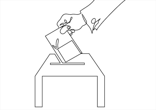 Icono de línea de votación mano poniendo papel en la casilla de votaciónlínea continua