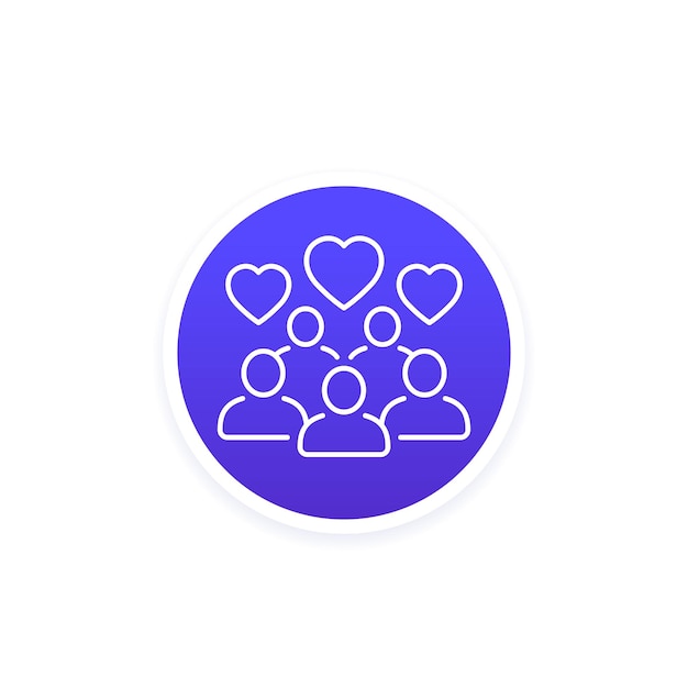 Icono lineal de comunidad con personas y corazones.