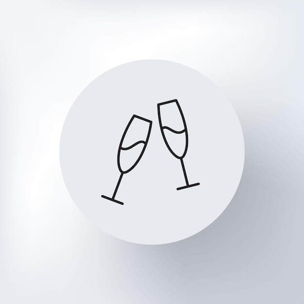 Icono lineal de dos copas de champán diseño minimalista en una plantilla redonda de fondo gris claro