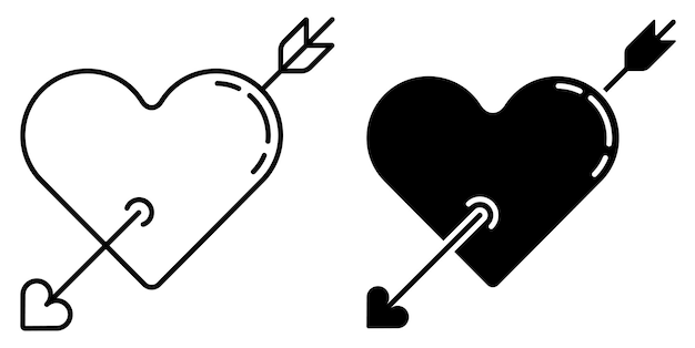 Icono lineal flecha perforado corazón día de San Valentín sivol corazón perforado por una flecha simple negro y
