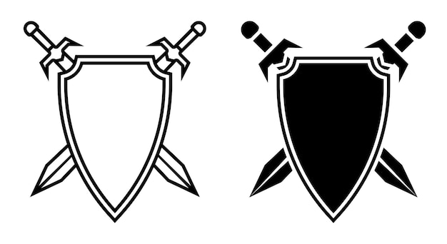 icono lineal par de espadas de caballero cruzadas contra el fondo del escudo Emblema de la antigua familia real