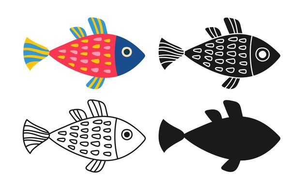 Icono lineal de pescado de mar conjunto de símbolos de dibujos animados abstractos vector infantil plano diseño de doodle vectorial exótico