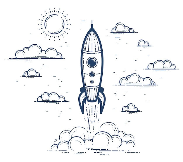 Icono lineal simple del vector de lanzamiento de cohetes, ilustración de arte de línea de negocio de puesta en marcha de misiles, tecnología espacial y ciencia, signo de literatura de ciencia ficción.