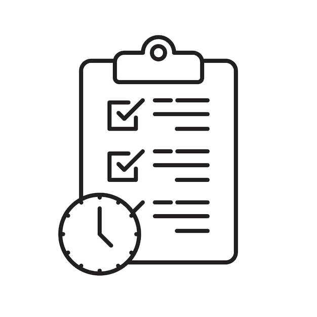 Ícono de lista de comprobación lineal con una ilustración vectorial del documento del portapapeles del reloj