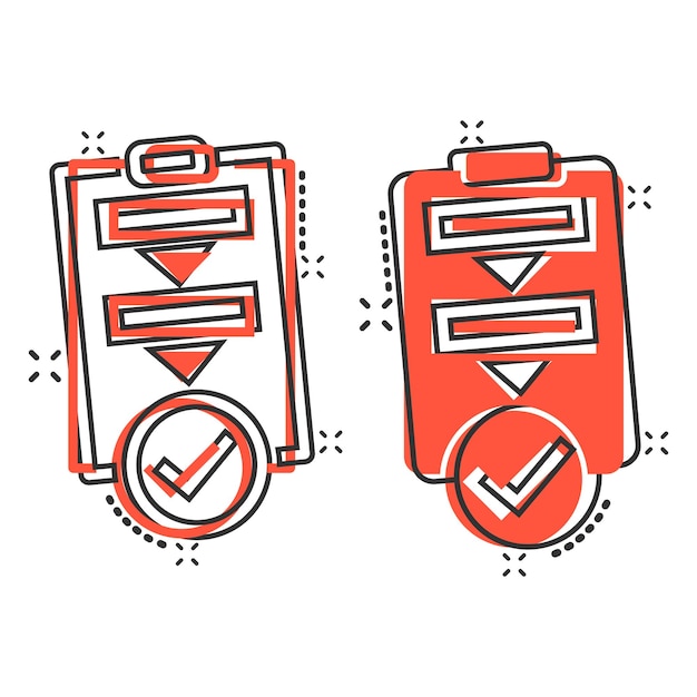 Icono de lista de procedimientos en estilo cómic Ilustración de vector de dibujos animados de proyecto de documento sobre fondo blanco aislado Concepto de negocio de efecto de salpicadura de lista de verificación