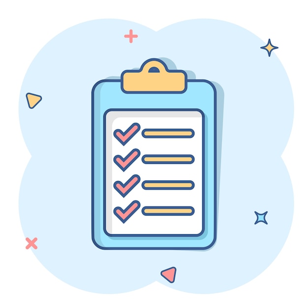 Icono de lista de tareas en estilo cómico Ilustración de vector de dibujos animados de lista de verificación de documento sobre fondo blanco