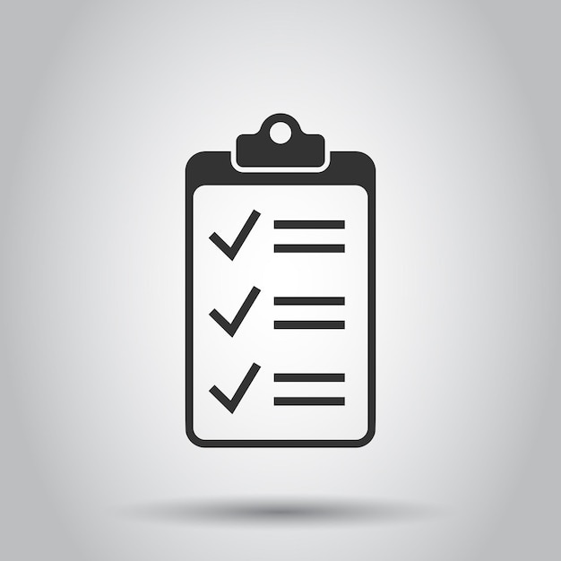 Icono de lista de tareas en estilo plano Ilustración de vector de lista de verificación de documento sobre fondo blanco aislado Concepto de negocio de marca de verificación de Bloc de notas