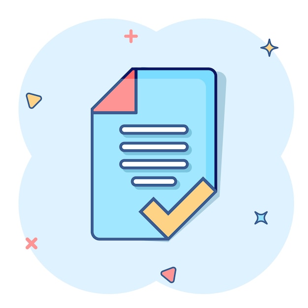 Icono de lista de verificación de documentos en estilo cómic Informe ilustración vectorial de dibujos animados sobre fondo blanco aislado Concepto de negocio de efecto de salpicadura de hoja de papel