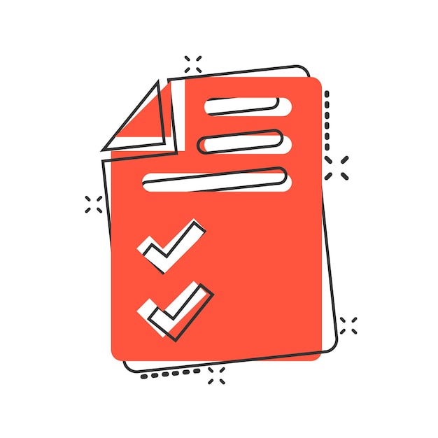 Icono de lista de verificación de documentos en estilo cómic informe ilustración vectorial de dibujos animados sobre fondo blanco aislado concepto de negocio de efecto de salpicadura de hoja de papel