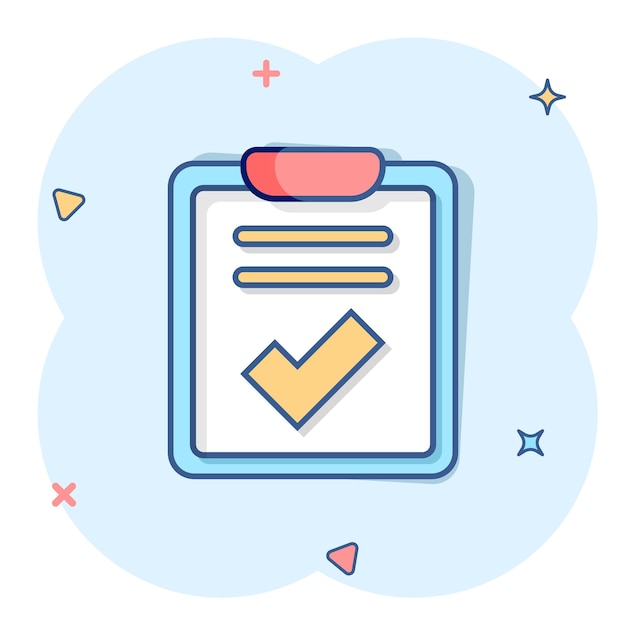 Icono de lista de verificación de documentos en estilo cómico Informe ilustración vectorial de dibujos animados sobre fondo blanco aislado Concepto de negocio de efecto de salpicadura de hoja de papel
