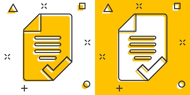 Icono de lista de verificación de documentos en estilo cómico Informe ilustración vectorial de dibujos animados sobre fondo blanco aislado Concepto de negocio de efecto de salpicadura de hoja de papel