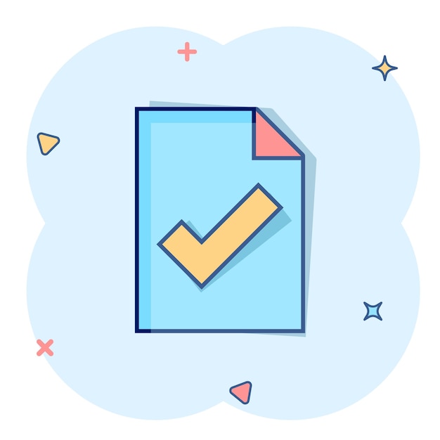 Icono de lista de verificación de documentos en estilo cómico Informe ilustración vectorial de dibujos animados sobre fondo blanco aislado Concepto de negocio de efecto de salpicadura de hoja de papel