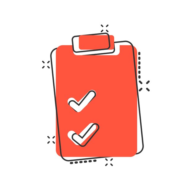 Icono de lista de verificación de documentos en estilo cómico Informe ilustración vectorial de dibujos animados sobre fondo blanco aislado Concepto de negocio de efecto de salpicadura de hoja de papel