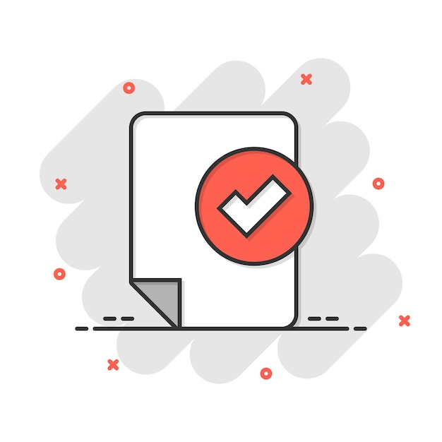 Icono de lista de verificación de documentos en estilo cómico Informe ilustración vectorial de dibujos animados sobre fondo blanco aislado Concepto de negocio de efecto de salpicadura de hoja de papel
