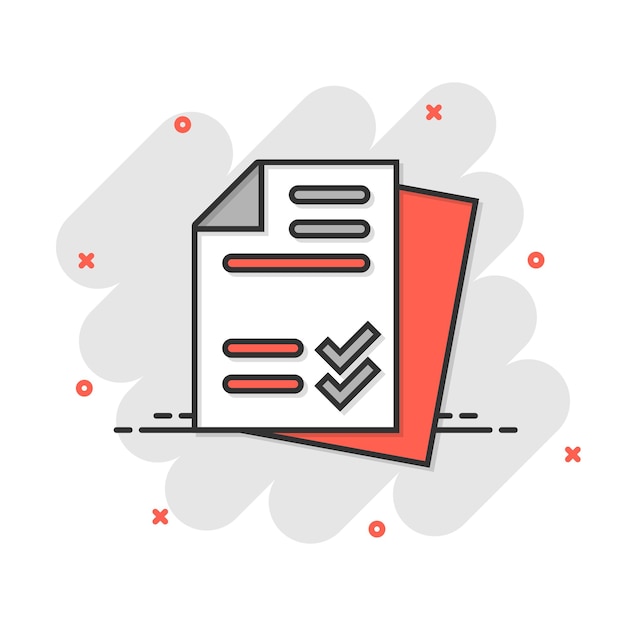 Icono de lista de verificación de documentos en estilo cómico Informe ilustración vectorial de dibujos animados sobre fondo blanco aislado Concepto de negocio de efecto de salpicadura de hoja de papel