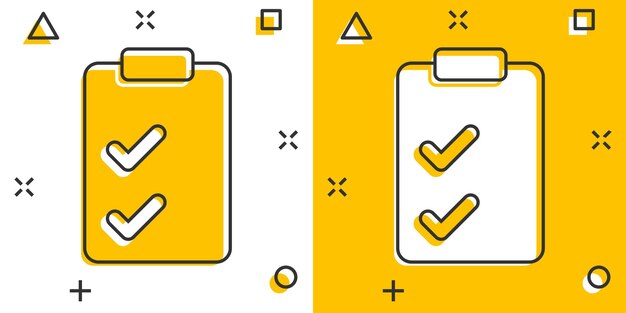 Icono de lista de verificación de documentos en estilo cómico Informe ilustración vectorial de dibujos animados sobre fondo blanco aislado Concepto de negocio de efecto de salpicadura de hoja de papel