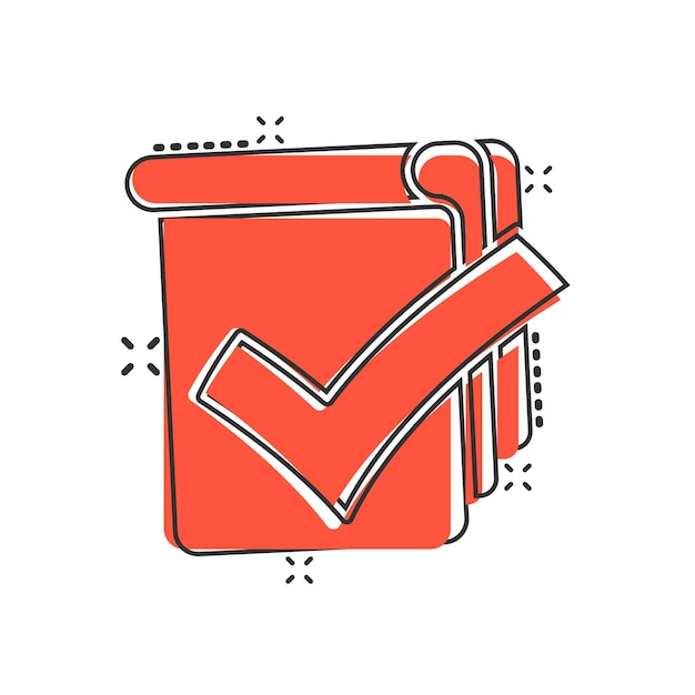 Icono de lista de verificación de documentos en estilo cómico Informe ilustración vectorial de dibujos animados sobre fondo blanco aislado Concepto de negocio de efecto de salpicadura de hoja de papel