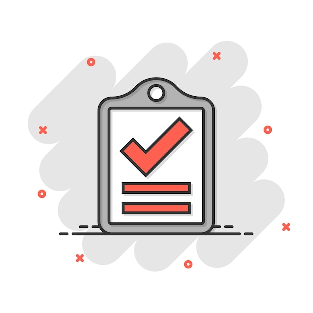 Icono de lista de verificación de documentos en estilo cómico Informe ilustración vectorial de dibujos animados sobre fondo blanco aislado Concepto de negocio de efecto de salpicadura de hoja de papel