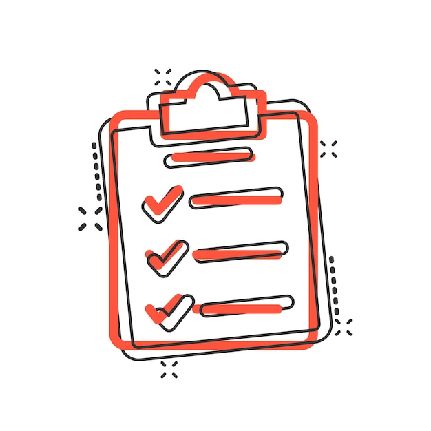 Icono de lista de verificación de documentos en estilo cómico Informe ilustración vectorial de dibujos animados sobre fondo blanco aislado Concepto de negocio de efecto de salpicadura de hoja de papel