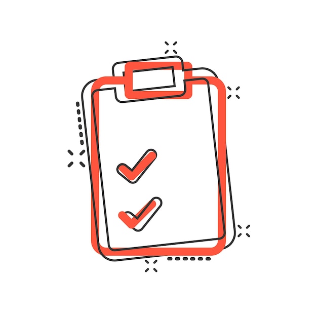 Icono de lista de verificación de documentos en estilo cómico Informe ilustración vectorial de dibujos animados sobre fondo blanco aislado Concepto de negocio de efecto de salpicadura de hoja de papel
