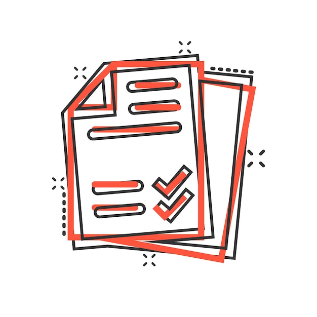 Icono de lista de verificación de documentos en estilo cómico Informe ilustración vectorial de dibujos animados sobre fondo blanco aislado Concepto de negocio de efecto de salpicadura de hoja de papel