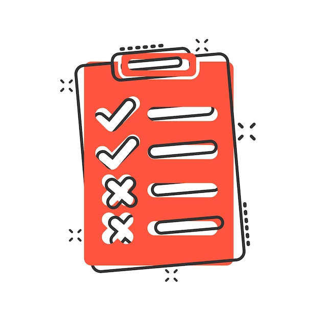 Icono de lista de verificación de documentos en estilo cómico Informe ilustración vectorial de dibujos animados sobre fondo blanco aislado Concepto de negocio de efecto de salpicadura de hoja de papel