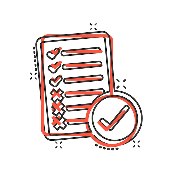 Icono de lista de verificación de documentos en estilo cómico Informe ilustración vectorial de dibujos animados sobre fondo blanco aislado Concepto de negocio de efecto de salpicadura de hoja de papel